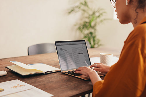 Woman blogger writing on the laptop