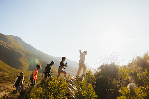 Group hiking together in scenic nature