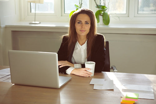 Beautiful young woman sitting in her home office