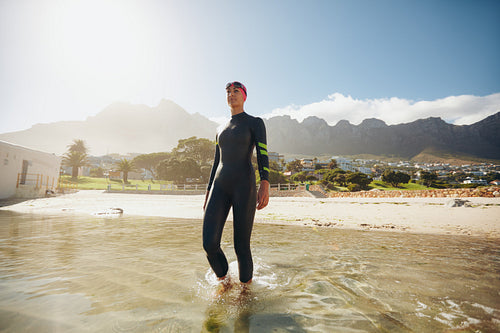 Triathlete in training at the beach
