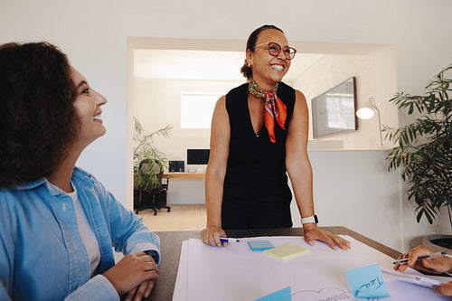 Professional team engaged in a friendly project management meeting