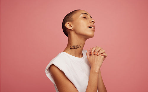 Woman with shaved head