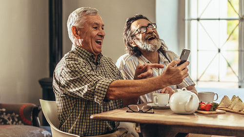 Two old men looking at old photographs together and laughing