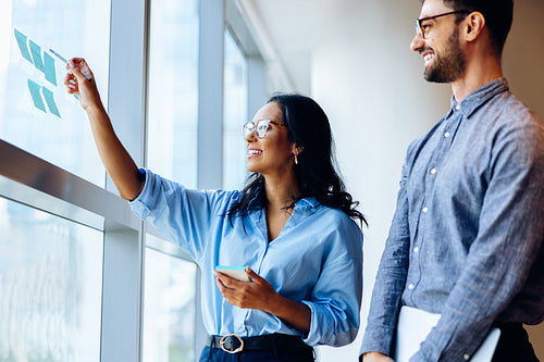 Two coworkers planning ideas on a window with notes and holding a tablet