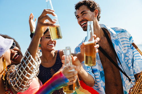 Friends celebrate at a sunny beach party