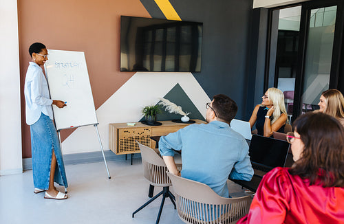Group discusses quarterly strategies during business presentation in modern office setting
