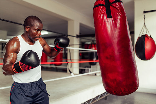Focused young boxer training at the gym