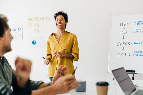 Happy business woman leading a meeting in an office