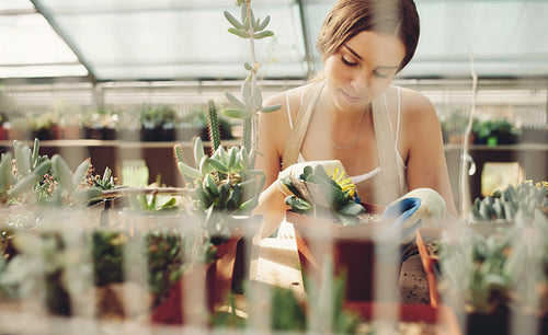 Beautiful young lady in plant nursery