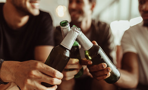 Close up of friends having a toast with beer at home.