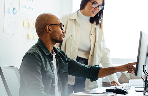 Software developer using a computer and having a discussion with his manager