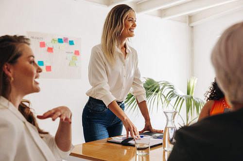 Young businesswoman having a meeting with her colleagues in a bo