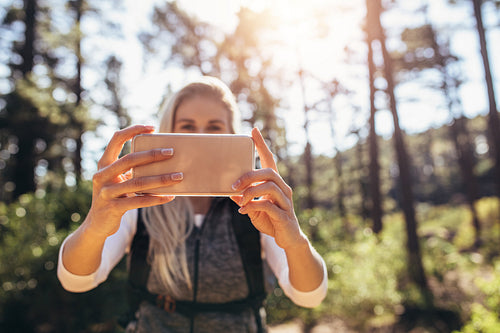 Woman hiker looking at her mobile phone