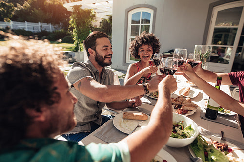 Young friends raising their glasses for a toast 