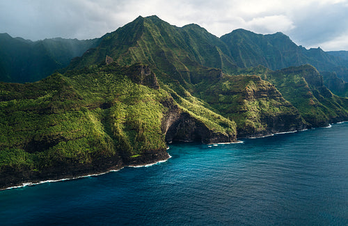 Tourist destination: A beautiful scene of a rugged coastline in Kauai, Hawaii