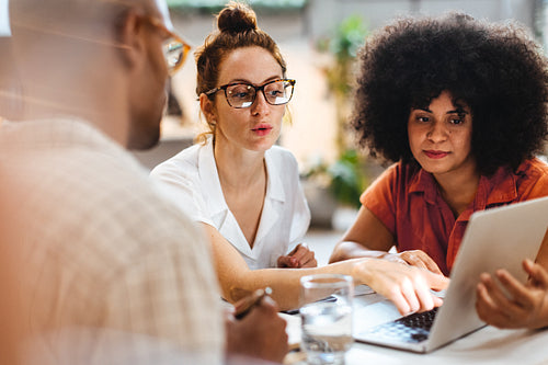 Business professionals using a laptop during lunch meeting with a client