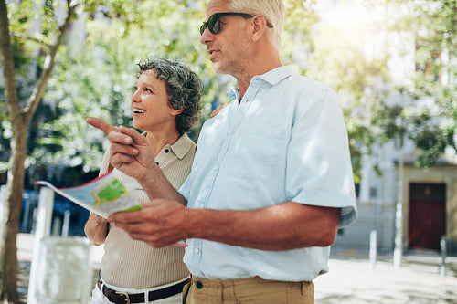 Couple of senior tourists reading a map
