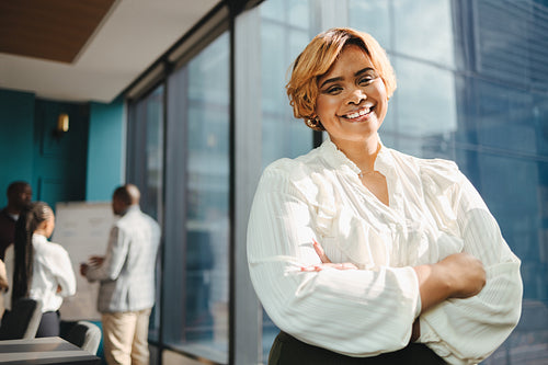 Professional business woman meeting with colleagues in an office boardroom