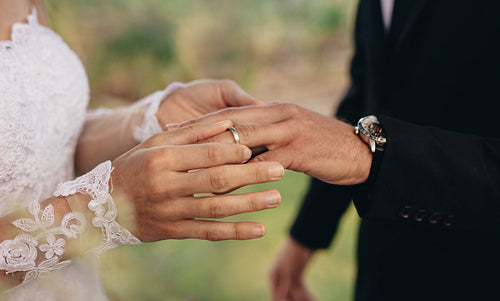 Bride and groom exchanging wedding rings