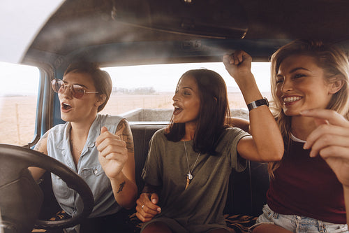 Group of girls having fun in the car