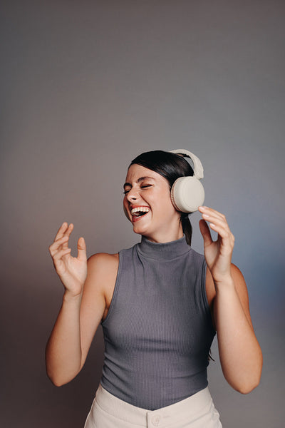 Enjoying a fun podcast on wireless headphones