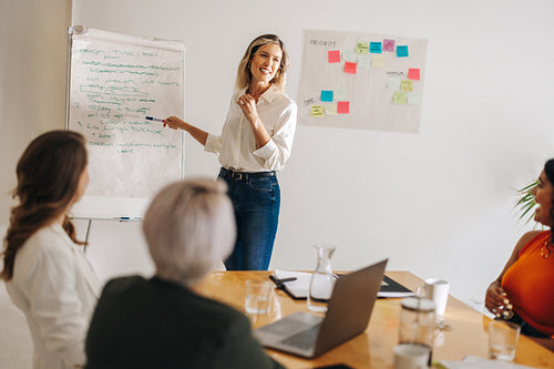 Happy young businesswoman doing a presentation in an office
