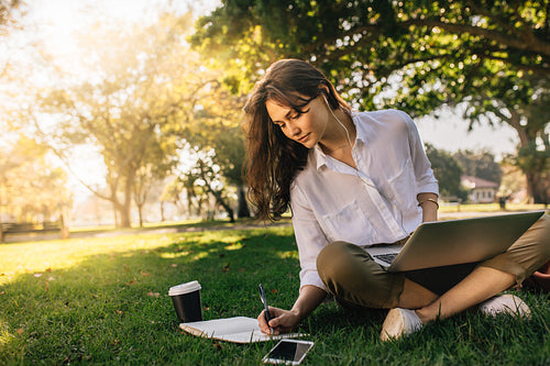 Freelancer woman working while sitting at park
