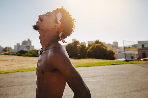 Portrait of man with closed eyes facing up