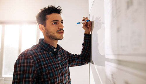 Businessman writing on whiteboard in office