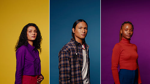 Diverse people pose for colorful studio portraits