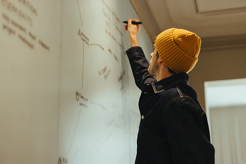Business moves forward as a man writes on the whiteboard in the office