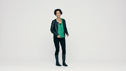 Excited mature woman on white background