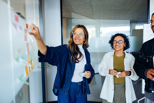 Team meeting planning on glass board