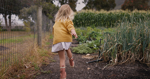 Rearview of a little girl running on an organic farm