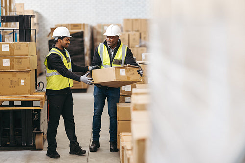 Cheerful warehouse workers storing cardboard boxes onto a pallet truck
