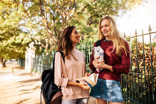 Young female students with books talking on the road
