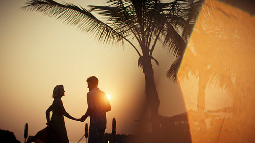 Silhouette of a couple holding hands and dancing during a vibrant sunset near palm trees