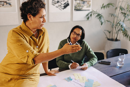 Confident executive leading a team discussion about project scope in the office