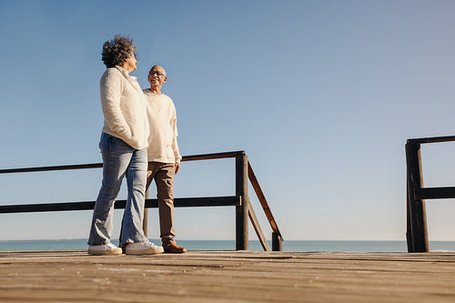 Senior couple taking a stroll along a foot bridge at the beach