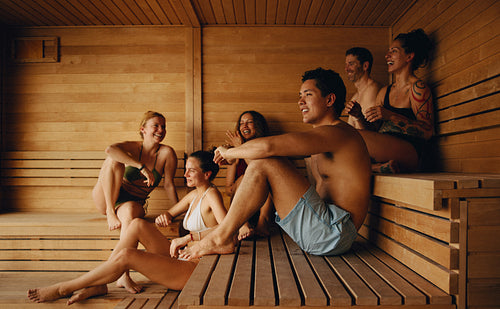 A healthy lifestyle sauna gathering gives friends space to relax together.