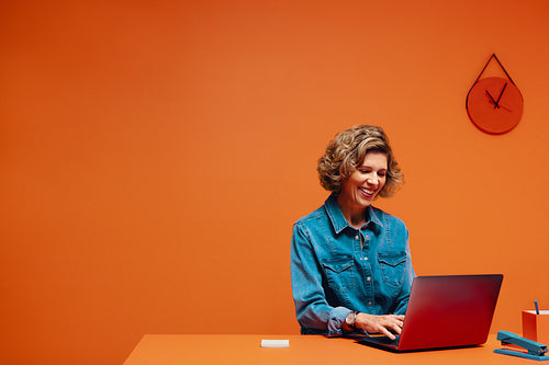Woman in denim shirt using laptop for e-commerce in modern office