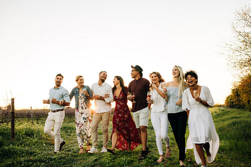 Group of multi-ethnic friends walking in vineyard