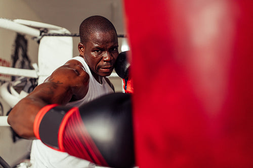 Boxer striking a red punching bag with a gloved fist