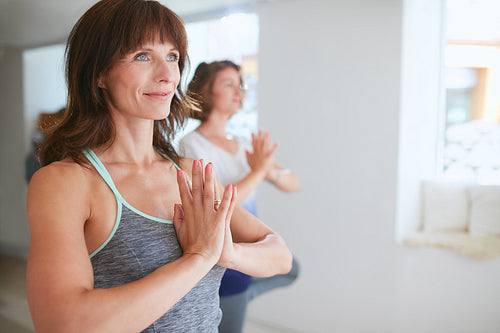 Female trainer with student doing Vrikshasana