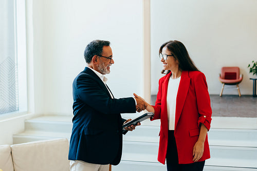 Two business professionals sealing a handshake in a formal office setting