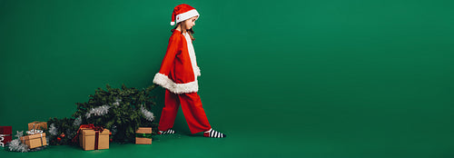 Little girl santa on green backgound.