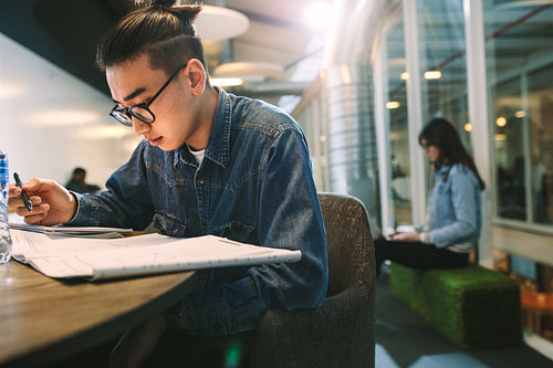 Student studying at college library