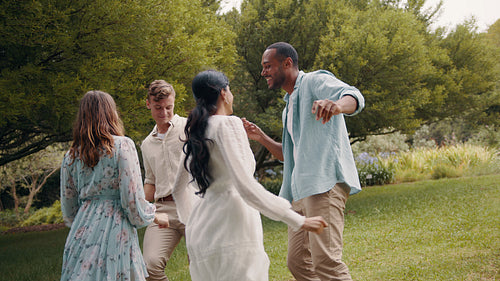 Friends on picnic dancing together