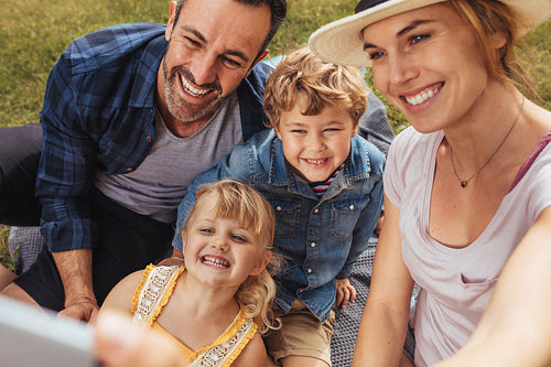 Family talking selfie  on picnic