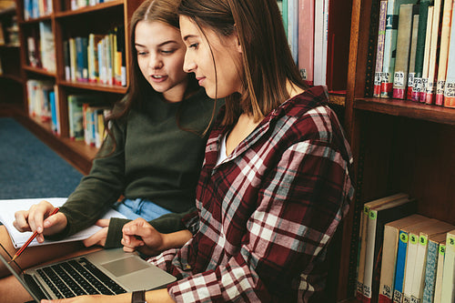 Two students working on school assignment in the library